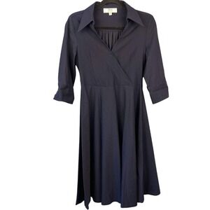 MissMay Retro Gorgeous City Navy Faux Wrap Collared Swing Dress SZ M Rockabilly
